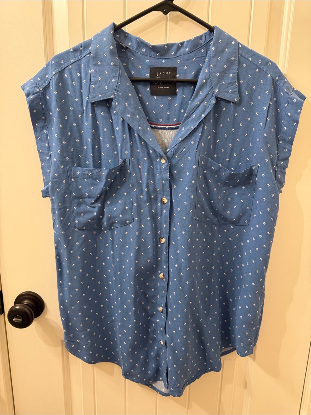 Blue Short-Sleeve Button-Front Shirt with Subtle floral Print